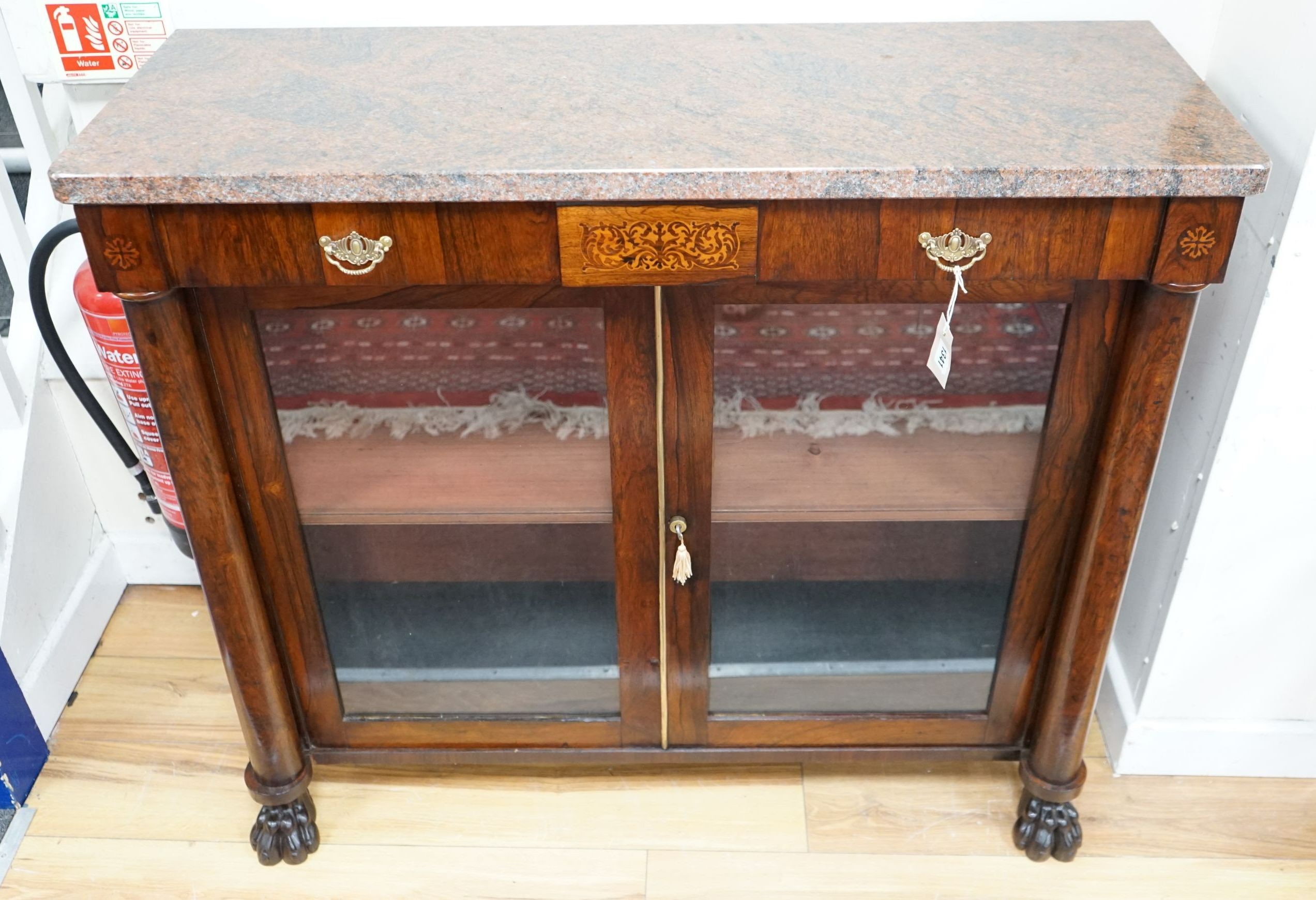 A Regency and later inlaid rosewood marble top dwarf cabinet, width 107cm, depth 37cm, height 94cm